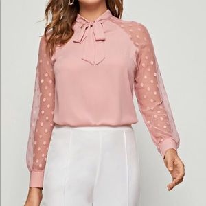 Boho tie neck mesh sleeve blouse